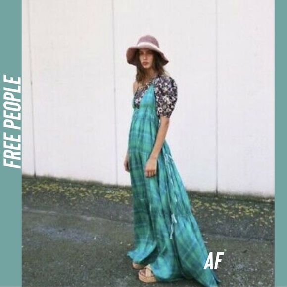 FREE PEOPLE TATTERSALL GREEN SEA BLUE SILK MAXI DRESS NWT NEW MEDIUM - Picture 4 of 14